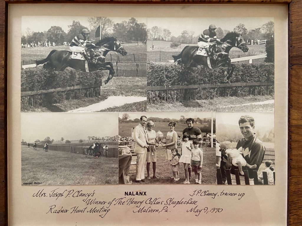 Mrs. Joseph P. Clancy's Nalanx wins the Henry Collins Steeplechase at Radnor in 1970.  The layout of the photo is a tradition in horse racing.